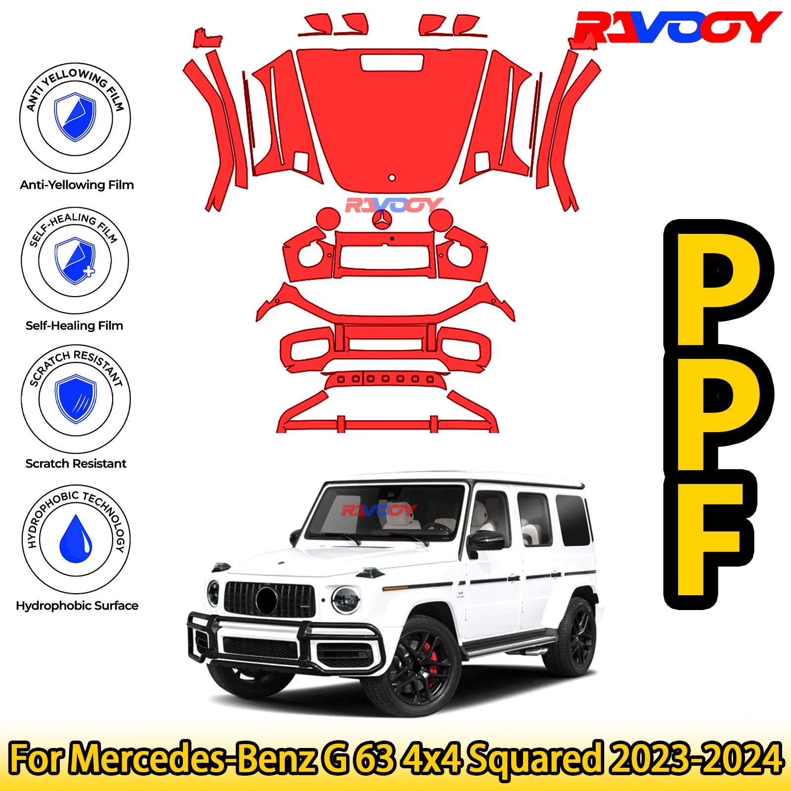 For Mercedes-Benz G 63 4x4 Squared 2023-2024 Glossy Matte Black Precut front PPF Kit Paint Protection Film
