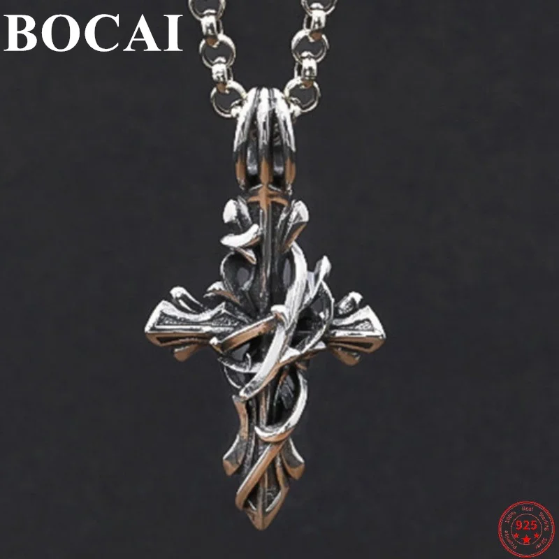 BOCAI S925 Sterling Silver Pendants for Women Men New Fashion Irregular Eternal Rattan Cross Amulet Jewelry Wholesale