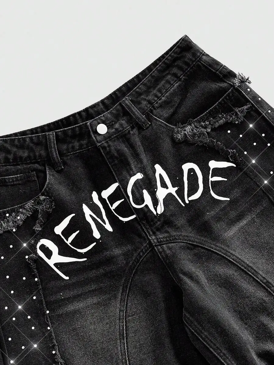 Mens Distressed Denim Shorts With Sparkling Rhinestones And Renegade Print
