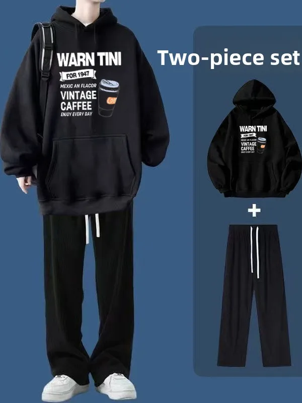 

Men's Fleece Lined Hooded Jacket Sweatpants Two Piece Set Trendy Streetwear Autumn Winter Casual Sportswear Youth Ensemble