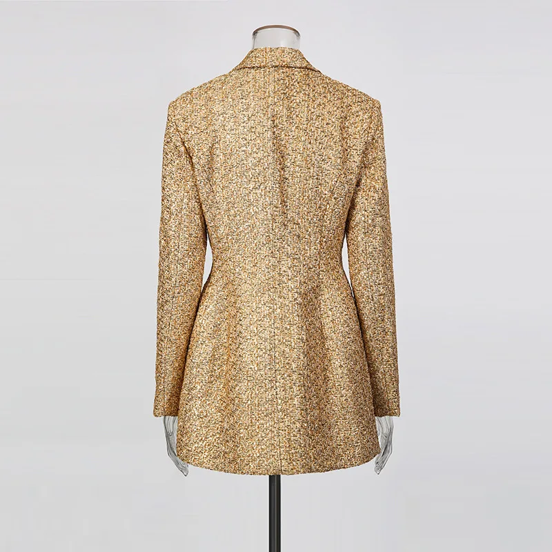 HKSH Spring Autumn New Women Blazer Tweed Double Breasted Notched Collar Pockets Slim Fit Elegant Fashion High-end Coats HK16260