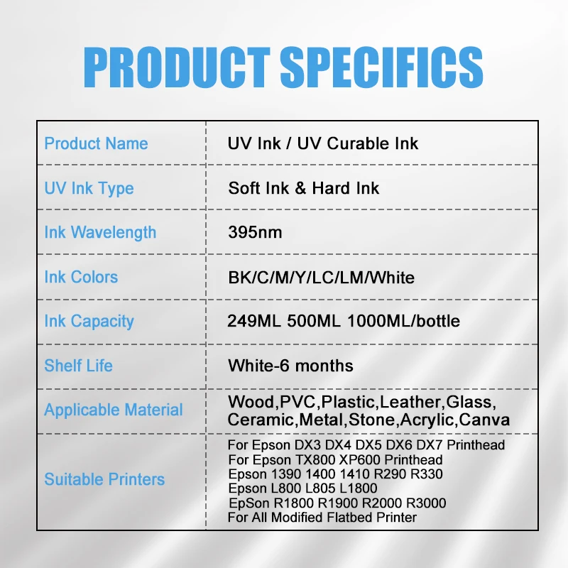 250ML/Bottle UV Ink Hard Soft Ink For Epson DX5 DX7 XP600 TX800 Printhead I3200 I1600 R1900 R2000 Rl800 Printer UV Refill Ink