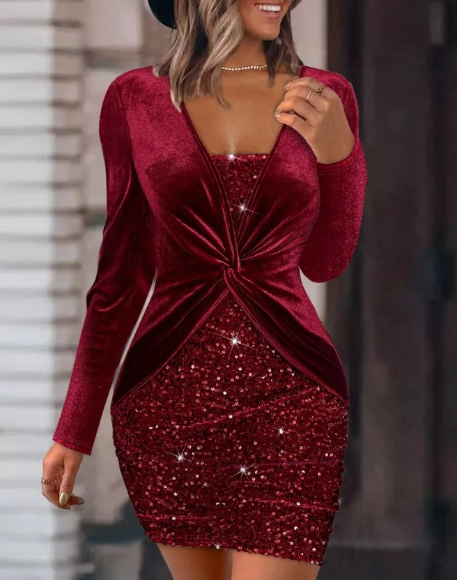 

Women's Velvet and Sequin Twist-Front Dress Long Sleeve and V-Neck Design Stylish Formal Dress