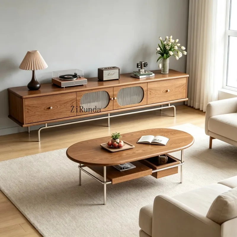 Mid-Century Modern Oak TV Cabinet Oval Coffee Table Set with Groove