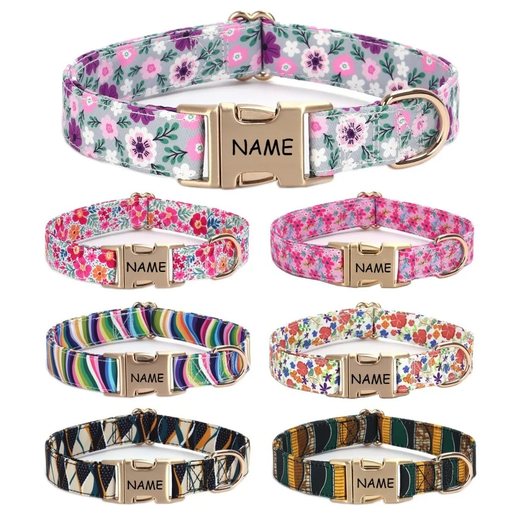 

New Dog Collar with Engraved Name and Number Charming Purple Pink Flower Stripe Pet Supplies Dog Chain Light Gold Buckle