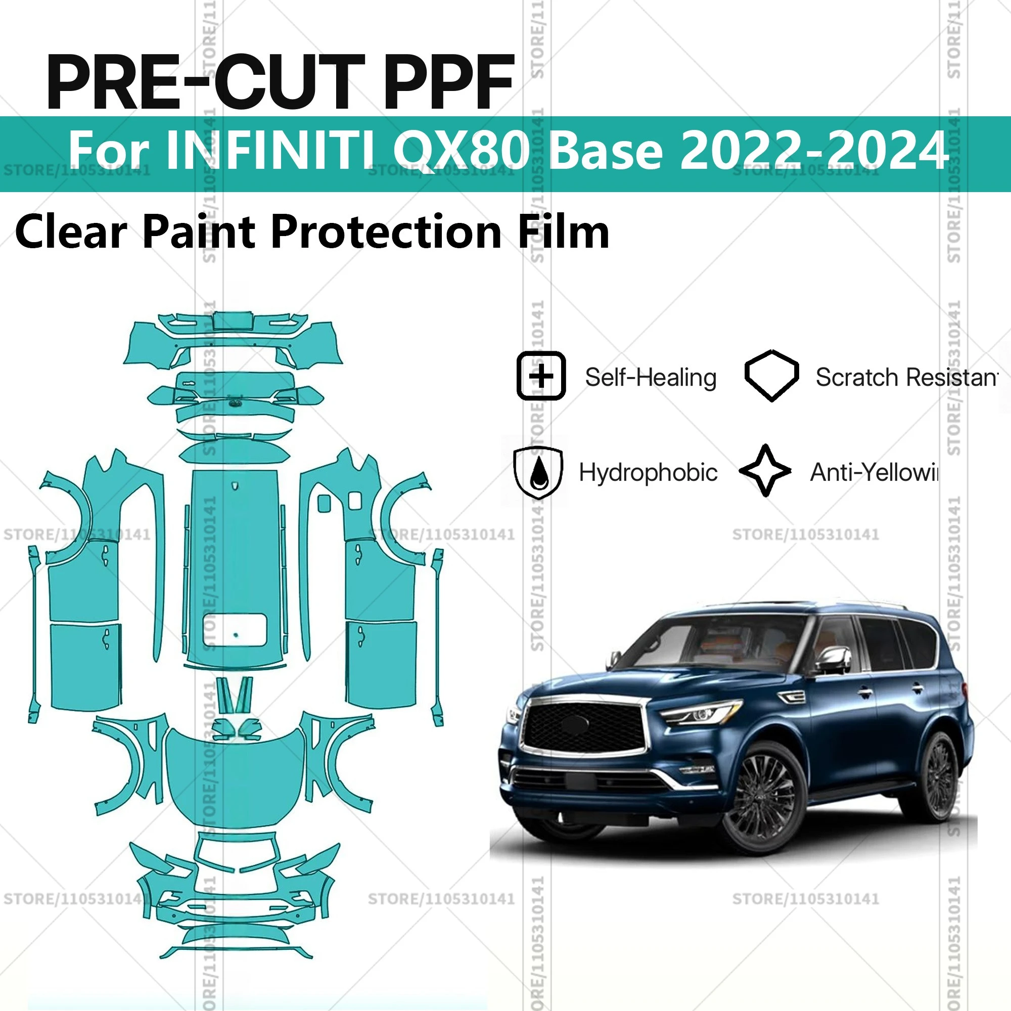 

Для INFINITI QX80 Base 2022-2024: Предварительно вырезанная прозрачная защитная пленка (PPF) для автомобиля, профессиональная автомобильная пленка PPF для полной оклейки кузова