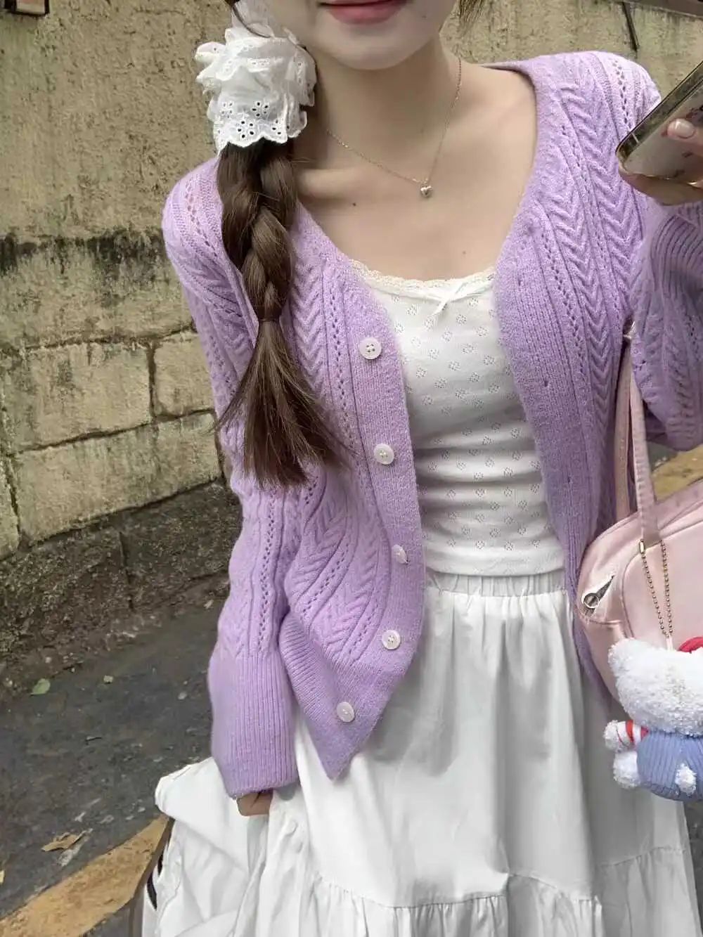 Casual Solid Cardigans Women Summer New Long Sleeve Hollow Out Sweet Knitted Top Basic Soft Elegant Buttons Knit Outwear