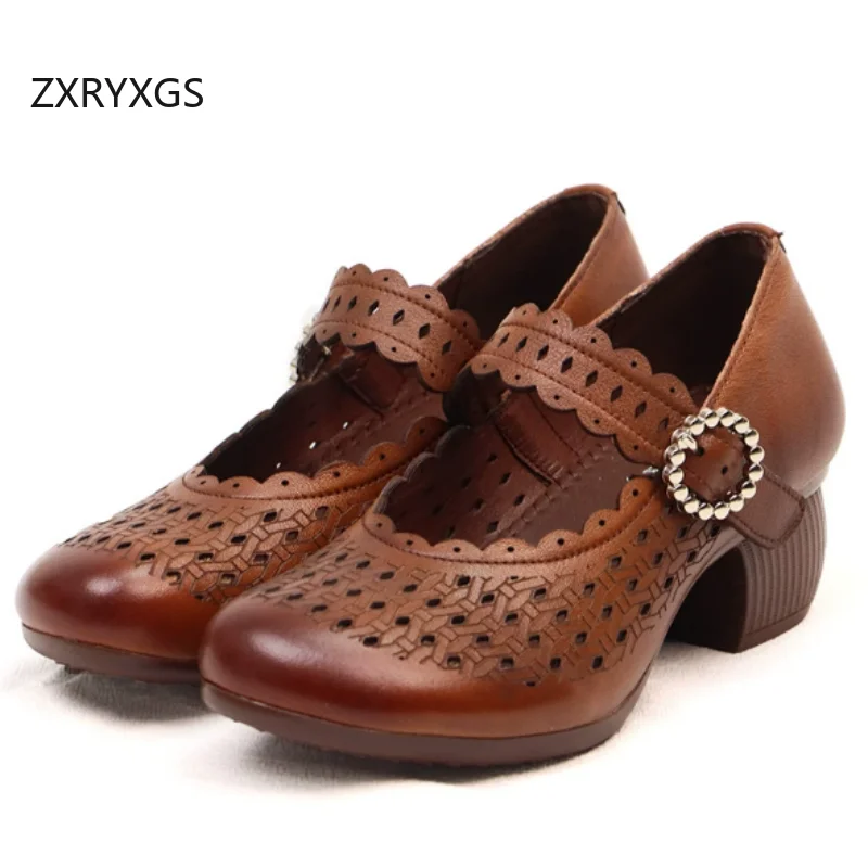 

ZXRYXGS Top Cowhide Hole Hole Genuine Leather Breathable Sandals Mid Heels 2026 New Spring Summer Women Banquet Fashion Shoes