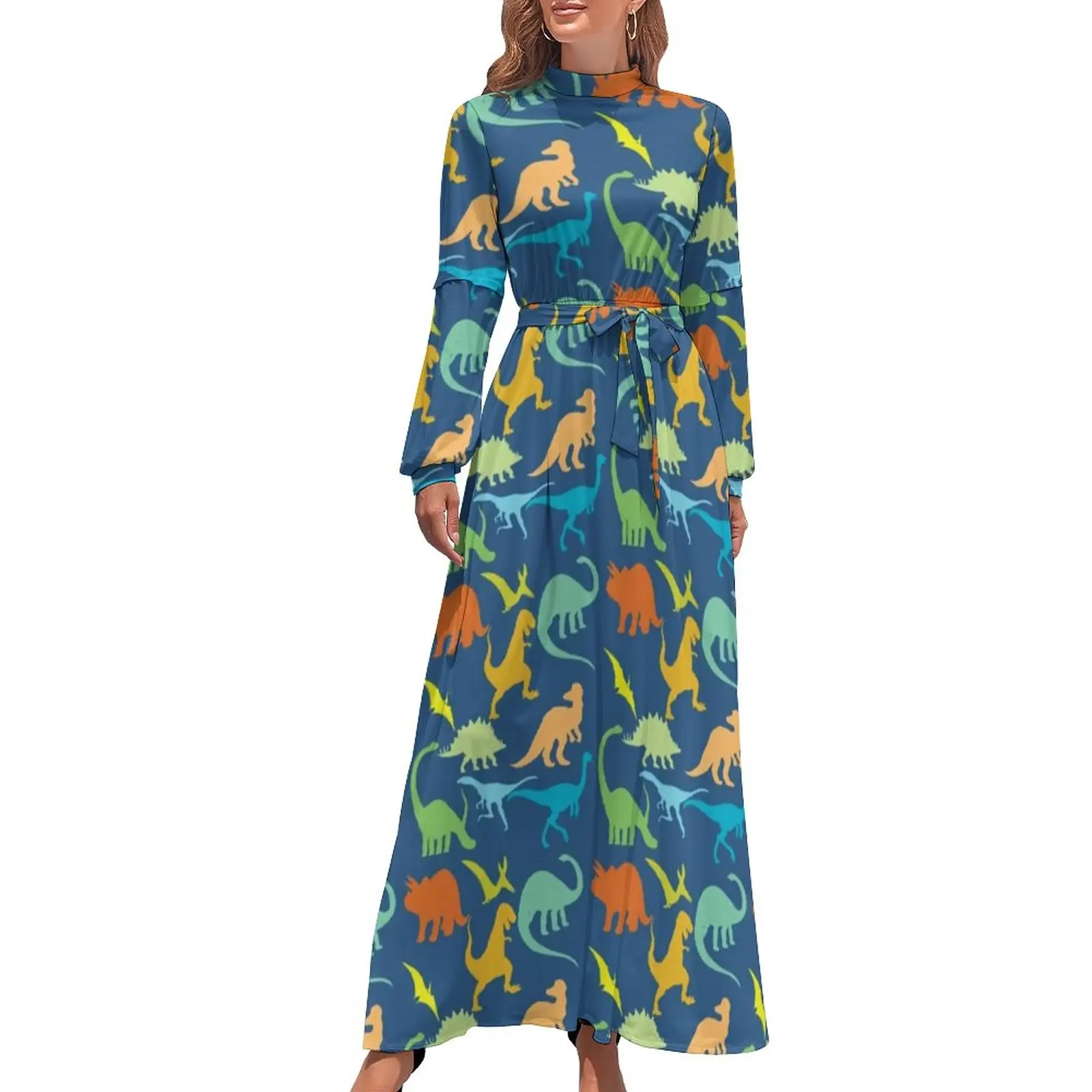 Colorful Dinosaurs Pattern Dress Dinosaur Silhouette Modern Print Maxi Dress High Neck Long-Sleeve Streetwear Beach Long Dresses