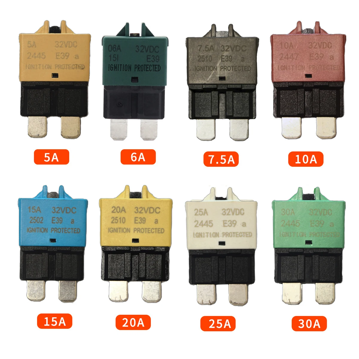 8 Packs Fuse Circuit Breaker Low Profile ATC/ATO Manual Resettable Fuse 5A 6A 7.5A 10A 15A 20A 25A 30A (Mixed) 12V-32V