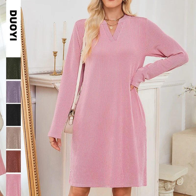 

European American NewTK2025Autumn Winter New Loose FitVCasual Long Sleeve Homewear Dress with Collar and Pockets