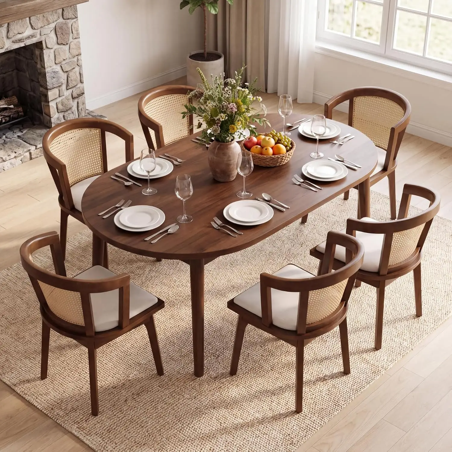Rattan Mid Century Dining Chairs Set of 6 Modern Farmhouse Walnut Wooden Dining Room Chairs with Cane Curved Back Fabric Linen