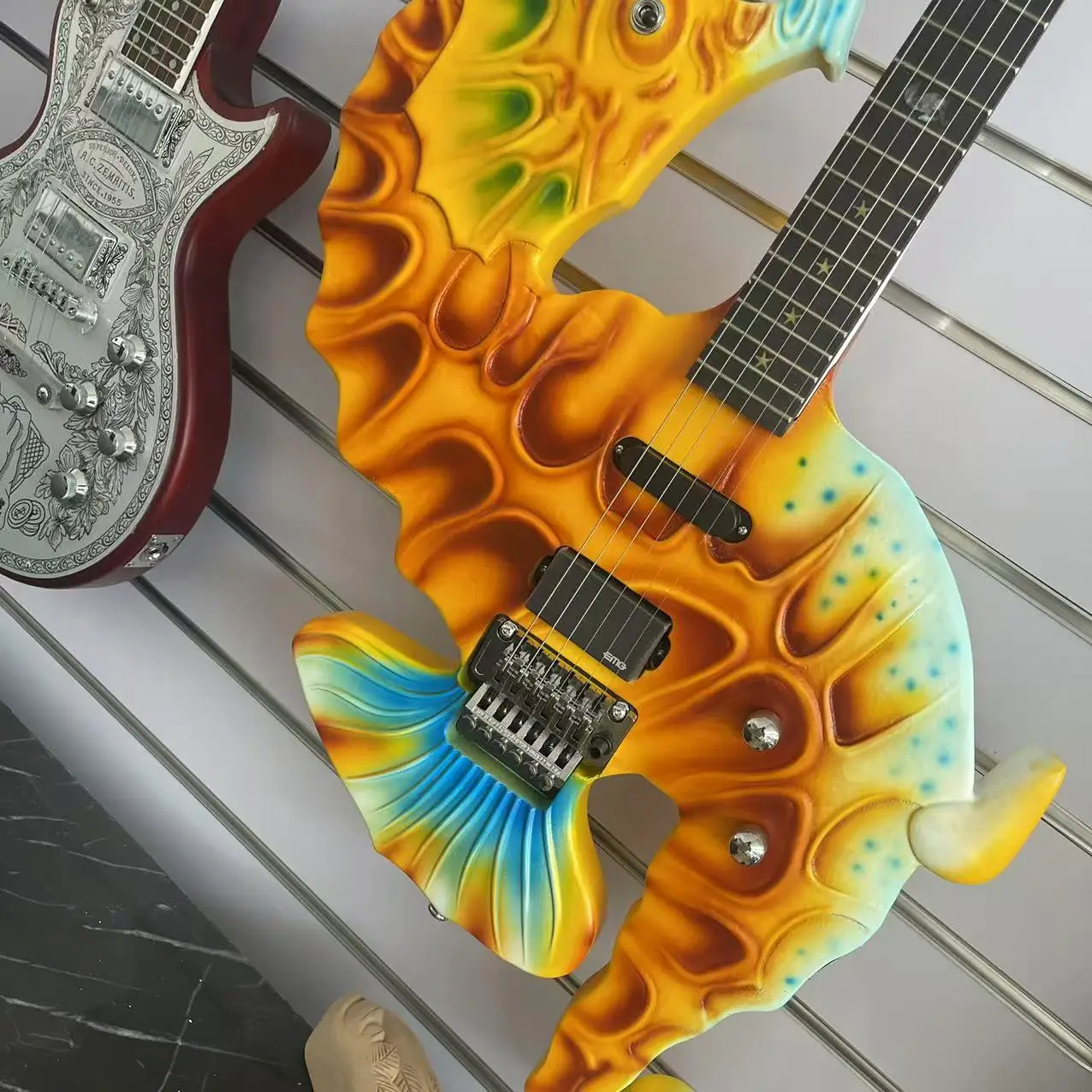 Carving seahorse 6-chord electric guitar hand drawn color body, factory real picture, in stock