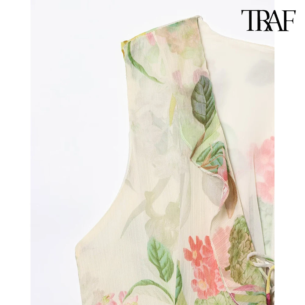 فستان نسائي جديد مطبوع بلا أكمام مطبوع من TRAF فستان نسائي جديد بدون أكمام Y2K فستان نسائي مثير برقبة على شكل V مجوف شاطئي 2025 صيفي مزاجية ملابس نسائية #3