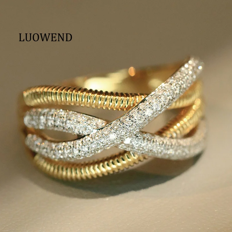

LUOWEND 100% 18K Yellow Gold Rings Luxury Cross Shape Real Natural Diamond Engagement Ring for Women High Party Jewelry