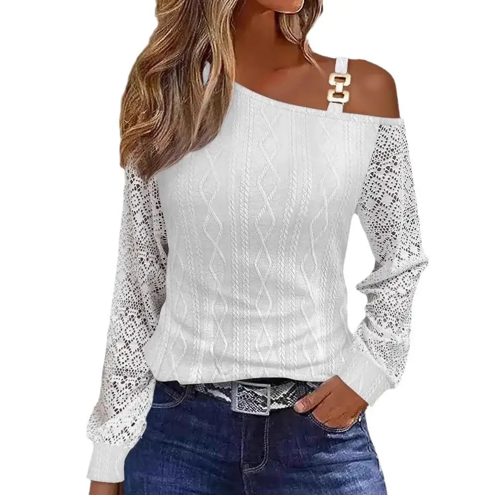 Damska bluzka z metalowymi guzikami, odkryte ramiona, kołnierzyk, regularny krój, długi rękaw, włókno poliestrowe, do pracy, wzór w kwiaty.