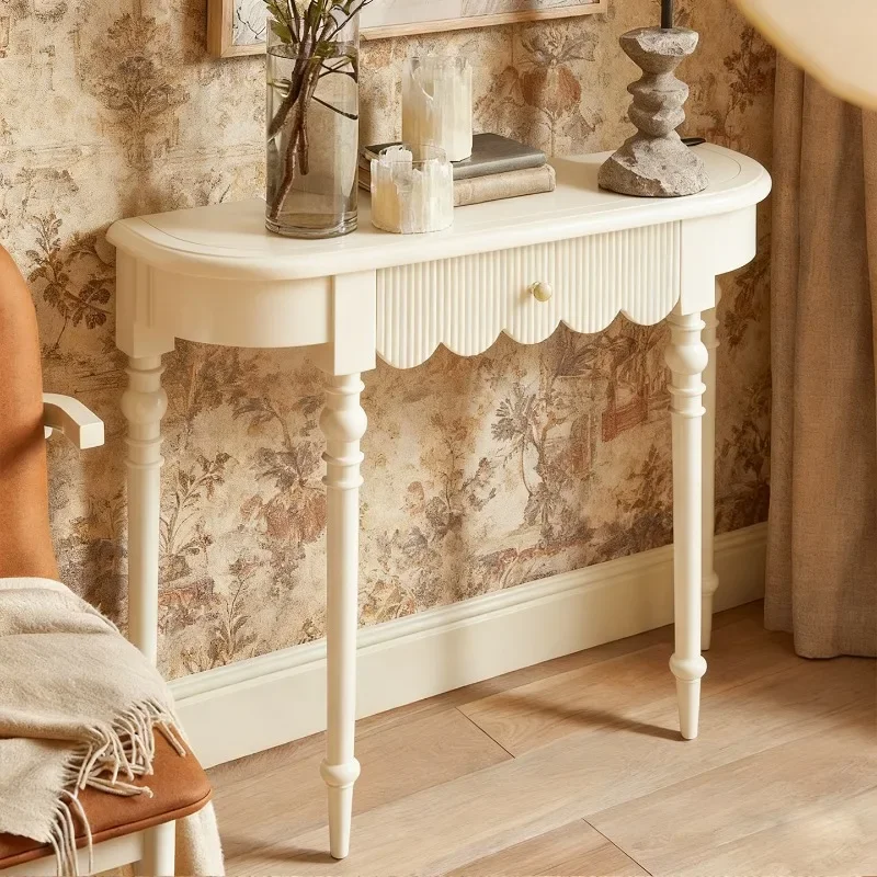 Entrance table retro European semi-circular entrance table ivory white carved side table living room solid wood decorative
