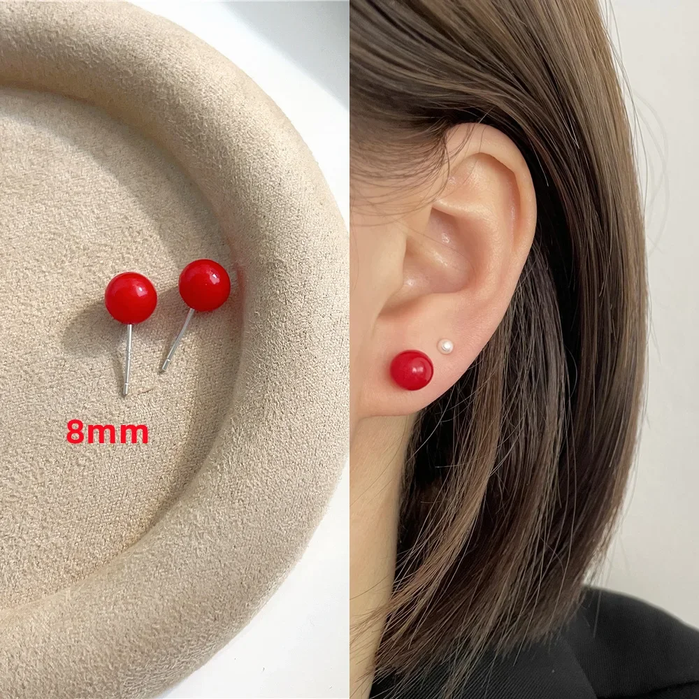 4mm 6mm 8mm 3Pairs/Lot Red Color Round Imitation Pearl Stud Earring for Women Romantic Temperament Jewelry Accessories Gift