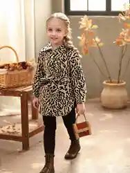 Fashionable sweet and spicy winter children's top for girls lapel leopard print single row button belt waist slimmer casual coat
