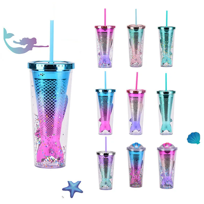 2/6Pcs 350ML Mermaid Double-layer Coffee Water Cup Plastic Mug Tumbler Glitter Gradual With Straw Party Gift Drinking Decor