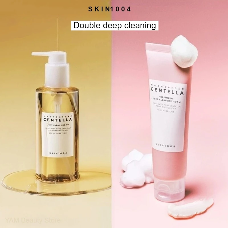 Kit de limpeza facial madagascar centella espuma, óleo de limpeza suave e porosização rápida argila vara máscara dupla conjunto de limpeza