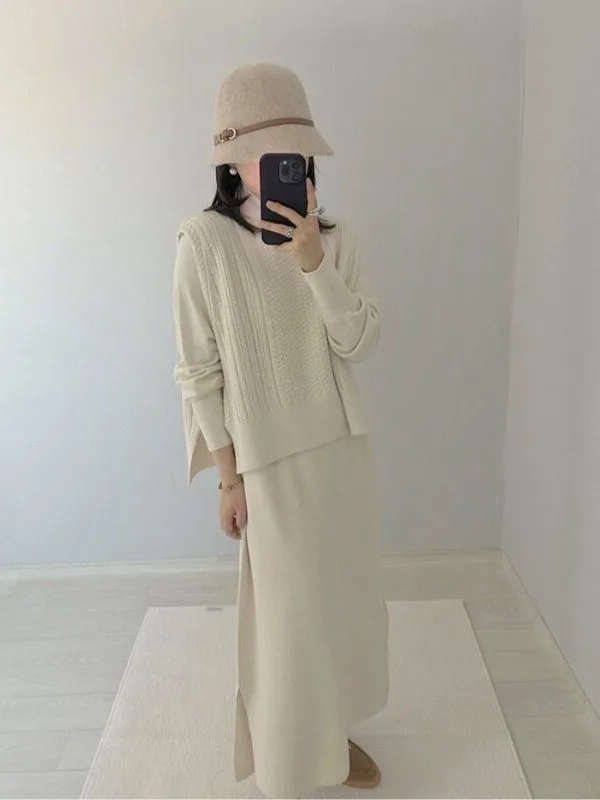 Korean Style Retro Twisted High Collar Knitted Dress And Sweater Set Versatile Matching Vest Autumn Winter Spring Fashion