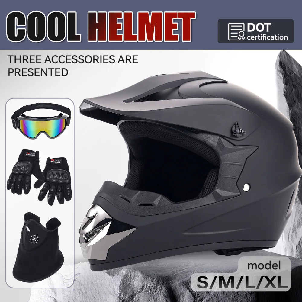 Off‑Road Motorcycle Helmet Four‑Piece Set Adult DOT Certified Matte Black With Goggles Gloves Mask Motocross Trail Riding