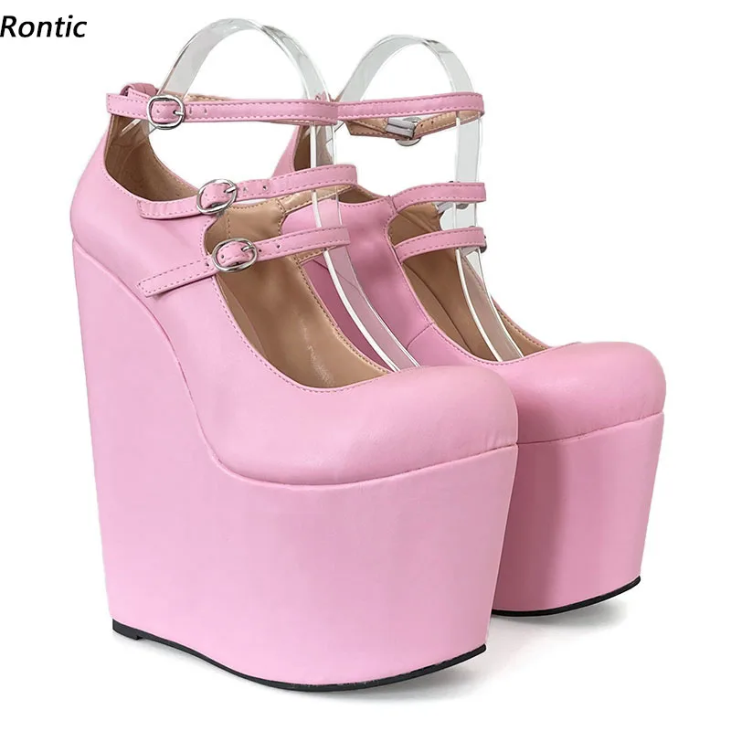 Rontic High Quality Women Platform Pumps Buckle Wedges High Heels Round Toe Pretty Pink Party Shoes Ladies US Plus Size 4-15