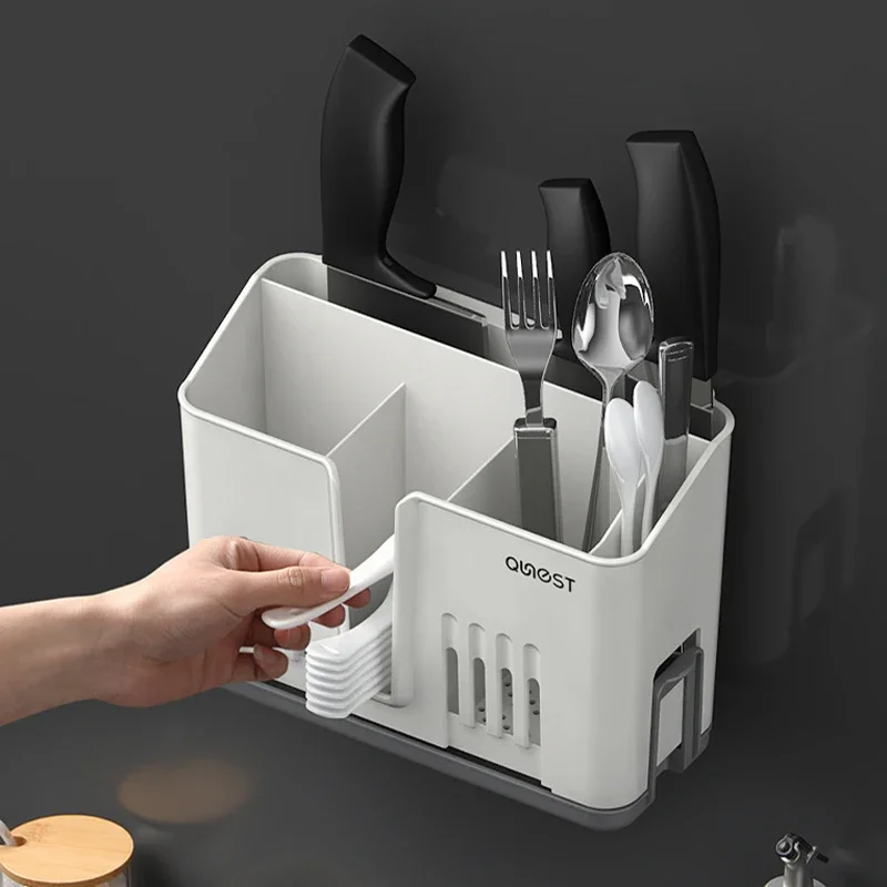 

Chopsticks Holder Punch-free Wall-mounted Tableware Rack Kitchen Cutlery Spoon Fork Cage Household Tableware Drain Storage Box