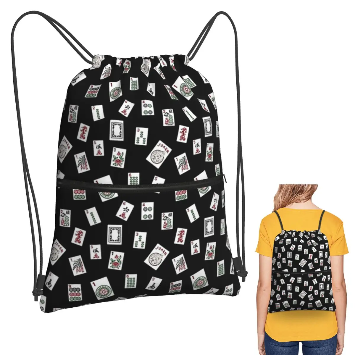 

Black Mahjong Backpacks Portable Drawstring Bags Sports Bag Book Bags for Travel School