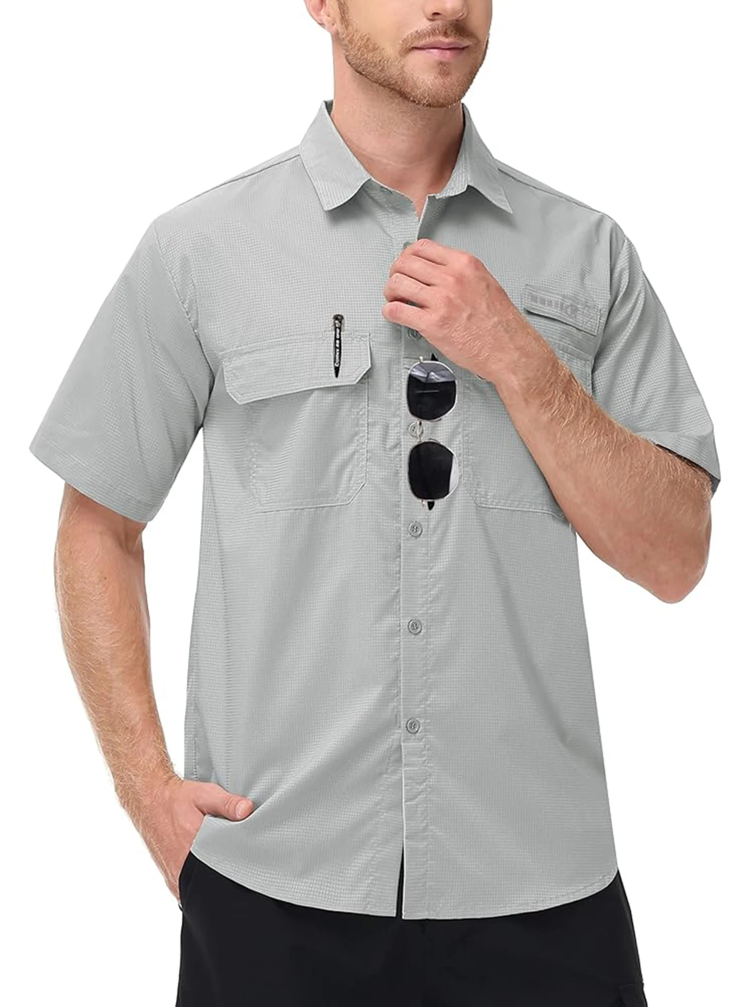 Herren UPF 50+ Kurzarm-Angelhemden mit Sonnenschutz, Rashguard, lässiges Button-Down-Angel-Wandershirt mit atmungsaktivem Mesh – Detail 18