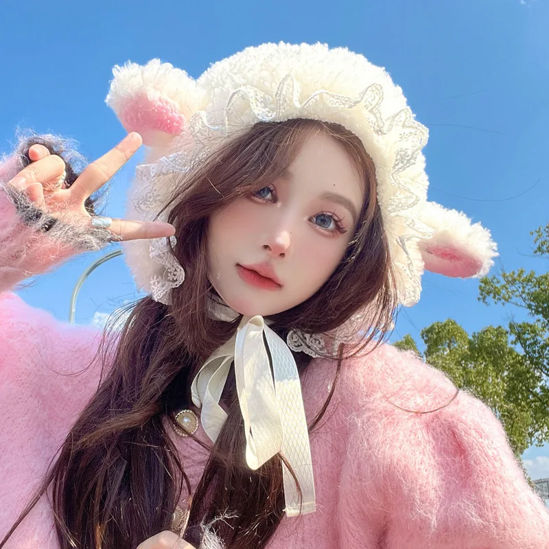 Winter Women Sheep Ear Decor Hat Fluffy Cute Plush Sheep Design Hat Keep Warm Windproof Adjustable Female Hat Cosplay Props
