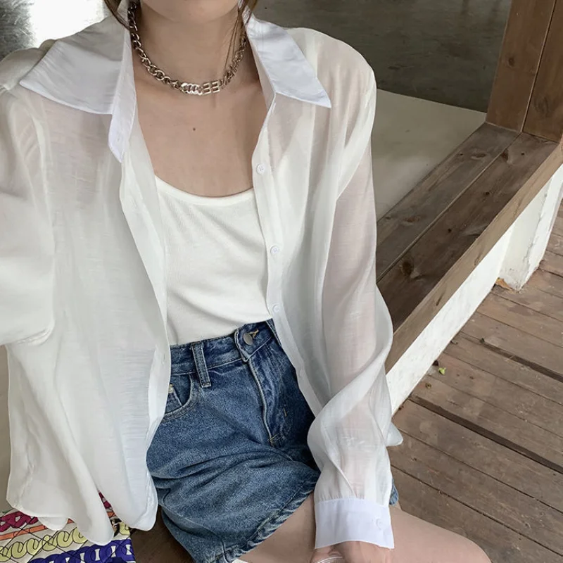 6 Colors Shirts Women Sun-proof Thin Back-slit Sheer Beach Style Casual Breathable Loose Ulzzang Vacation Summer Popular Simple