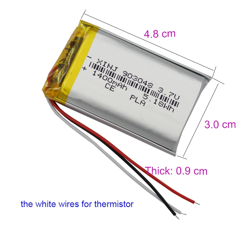 3.7V 1400mAh 5.18Wh Polymer Rechargeable Li Lithium Lipo Battery Thermistor 3 Wires 903048 For GPS Music Player LED Light MID