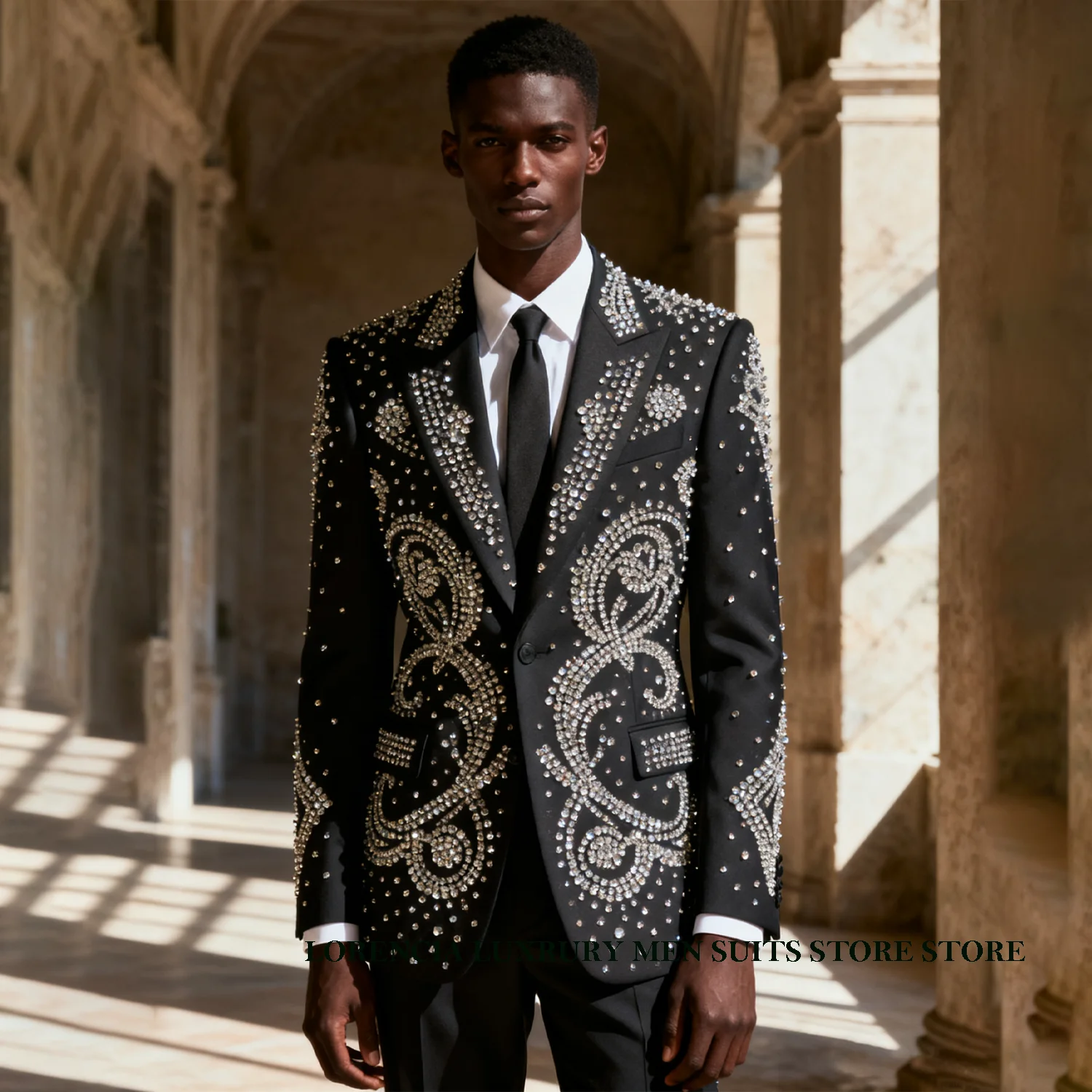 

Customized African Exquisite Rhinestones Men Glitter Suits 2 Pieces Sets Groom Male Blazers Wedding Party Tuxedos Ropa hombre