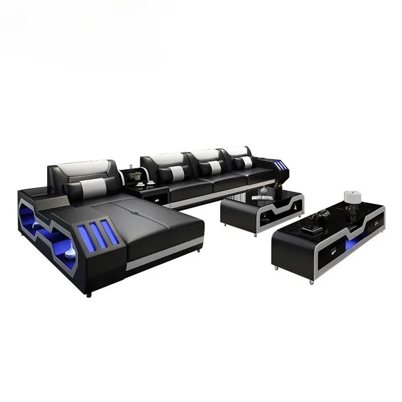 Factory direct sales Luxury couch sofa furniture set Modern Living room sofas with LED light Stylish Genuine Leather sofa