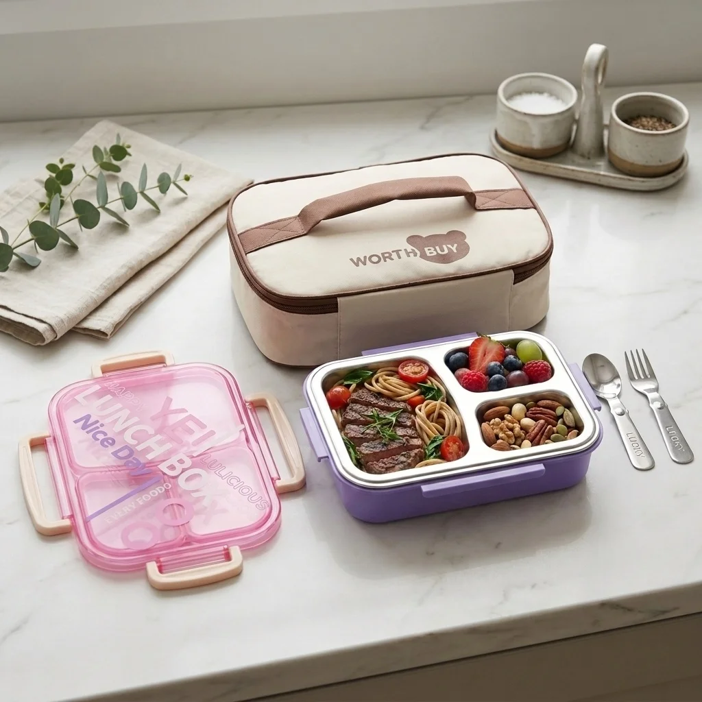 Microwavable 304 Stainless Steel Bento Box 2/3 Compartment Leakproof Food Container Portable Divided Lunch Box for Kids Adults