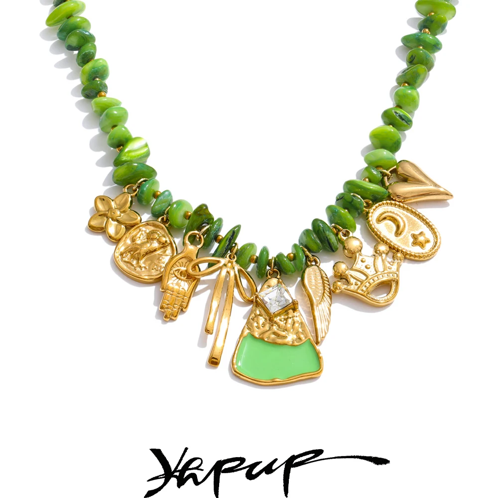 Yhpup New Handmade Jewelry Green Shell Chain Flower Love Drop Necklace Spring Summer Fashion Collar Jewelry Gift