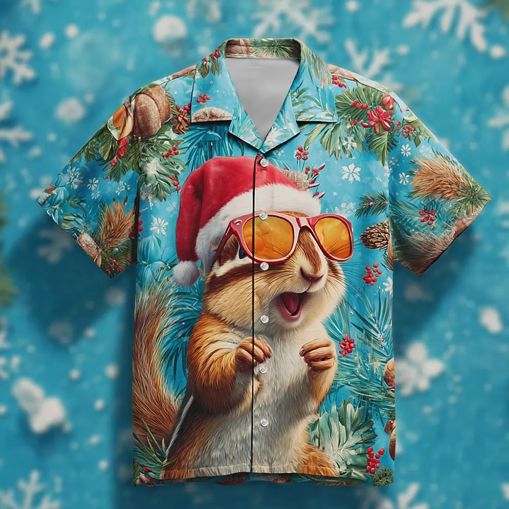 

Men's Christmas Squirrel Graphic Short Sleeve Shirt Fashion Casual Breathable Button Lapel Shirt Loose Comfortable Creative Tops