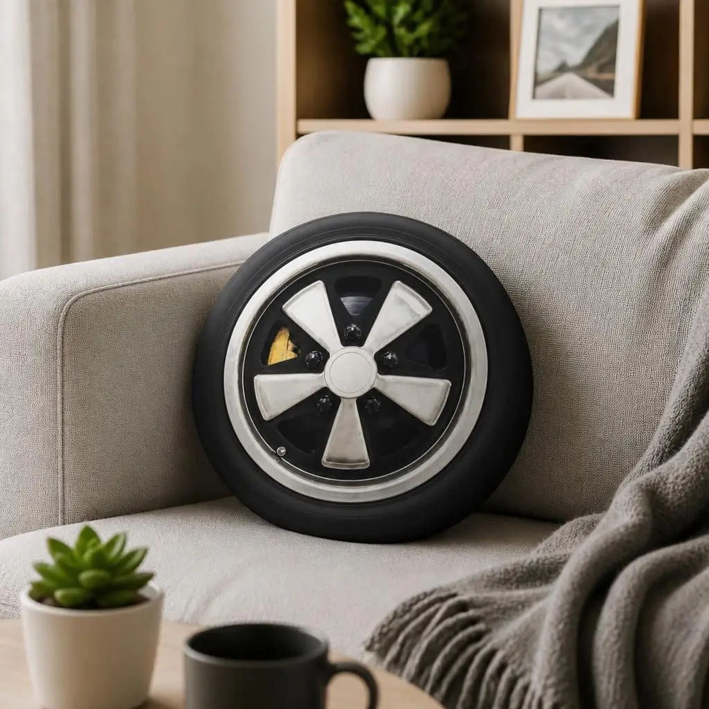Car Wheel Rim Tire Shaped Plush Pillow Automotive Cushion Stuffed Throw Pillow for Living Room Decor Car Enthusiast Gift