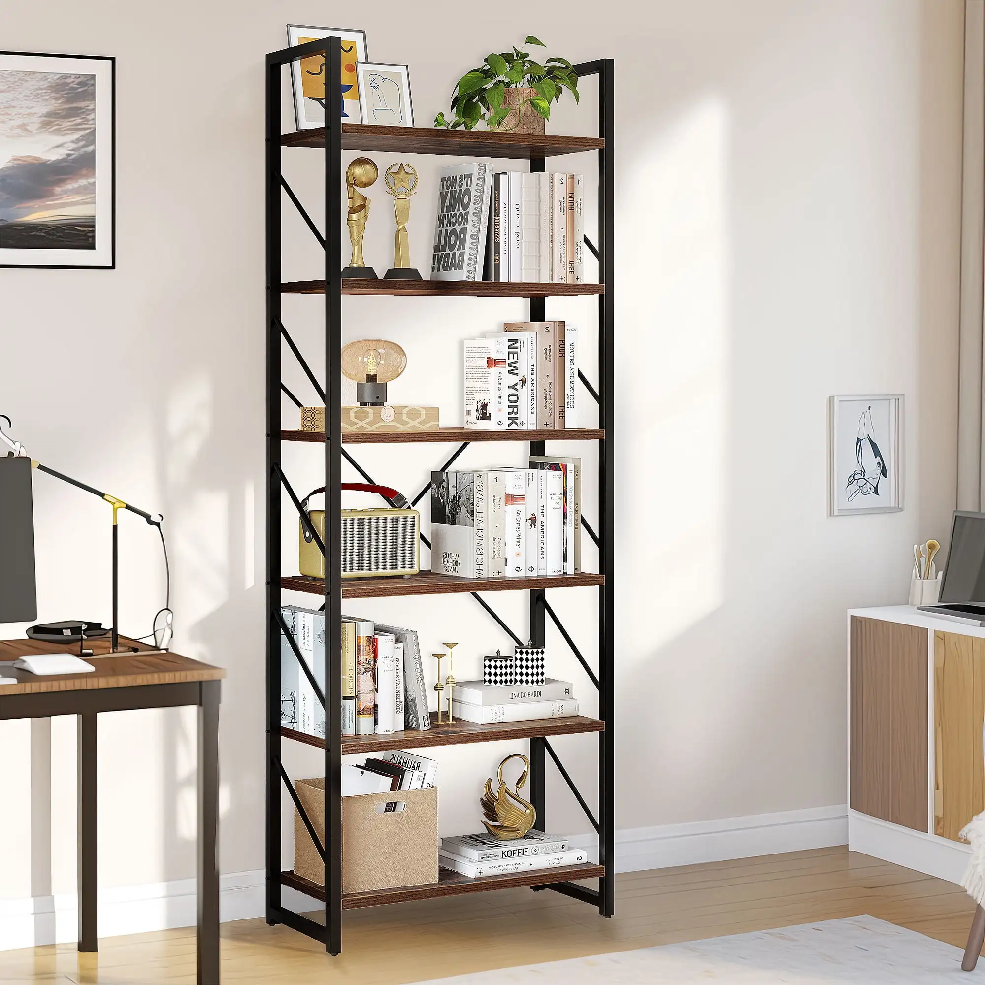 

6 Tiers Ladder Bookshelf, 69 inch Classically Modern Freestanding Bookcase,Modern Open Display Storage Organizer Book Shelves