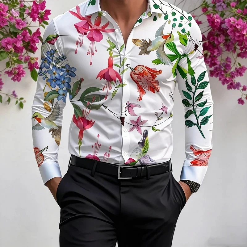 Men's White Watercolor Hummingbird Tropical Floral Long-Sleeved Shirt, Spring/Summer Green Leaf Indian Faux Collar Shirt