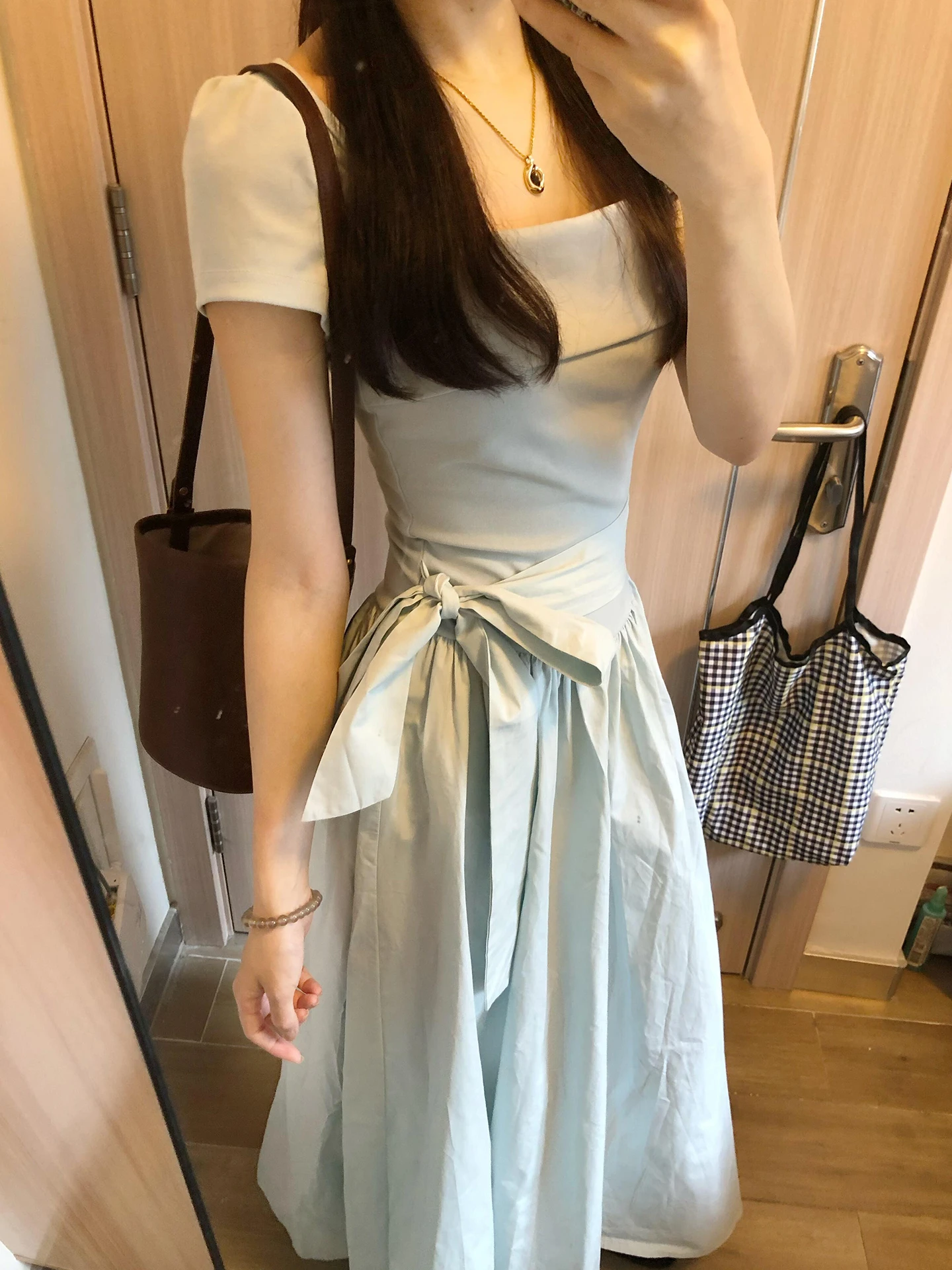 Niebieski kwadratowy kołnierzyk, kokarda, drapowana sukienka damska letnia, podkreślająca talię, w kształcie litery A, długa, drapowana, słodka, w stylu japońskim, z wysokim stanem lub...