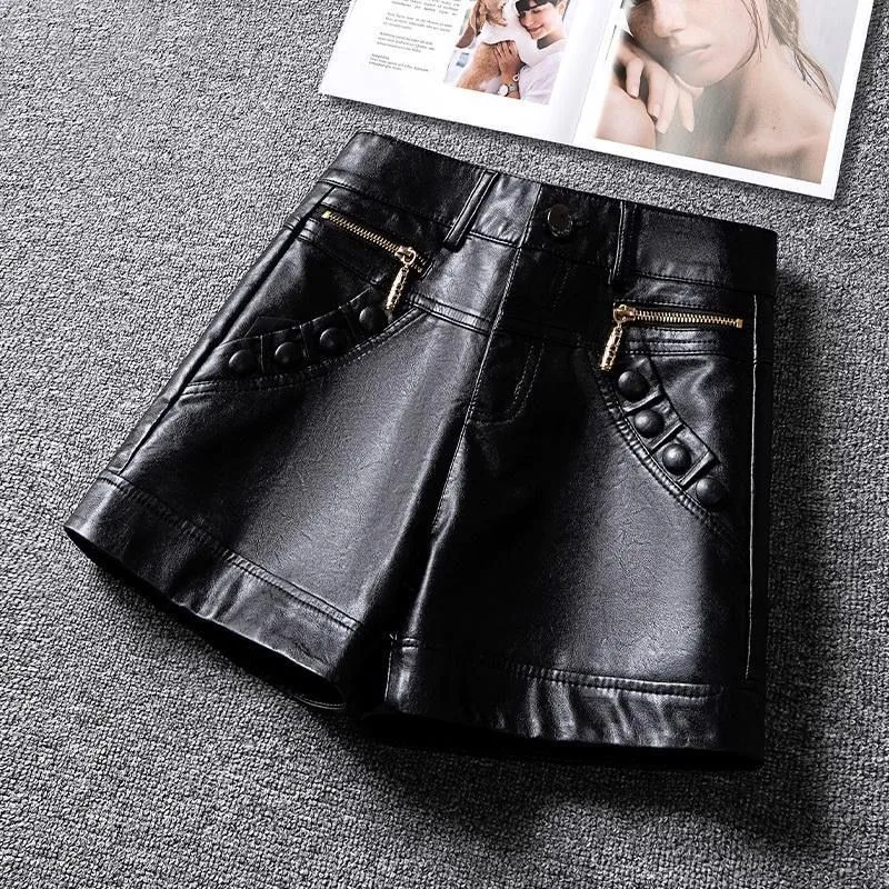 

Trendy Women's Autumn Winter New Leather Shorts Outerwear High Waist Straight Leg Slimming Versatile Leather Bootleg Pants