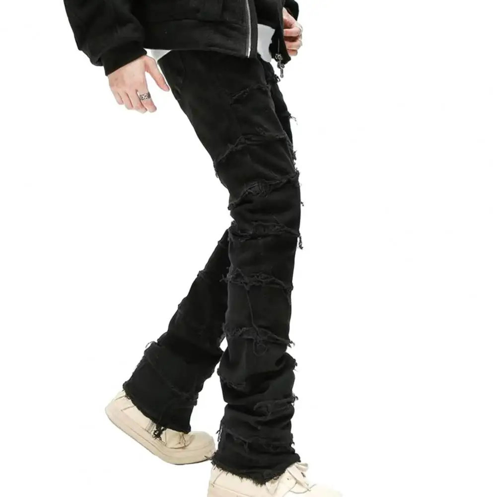 

Men Jeans Men Black Jeans Hip Hop Streetwear Men's Slim Fit Ripped Denim Pants with Burr Edge Solid Color Straight Leg Jeans