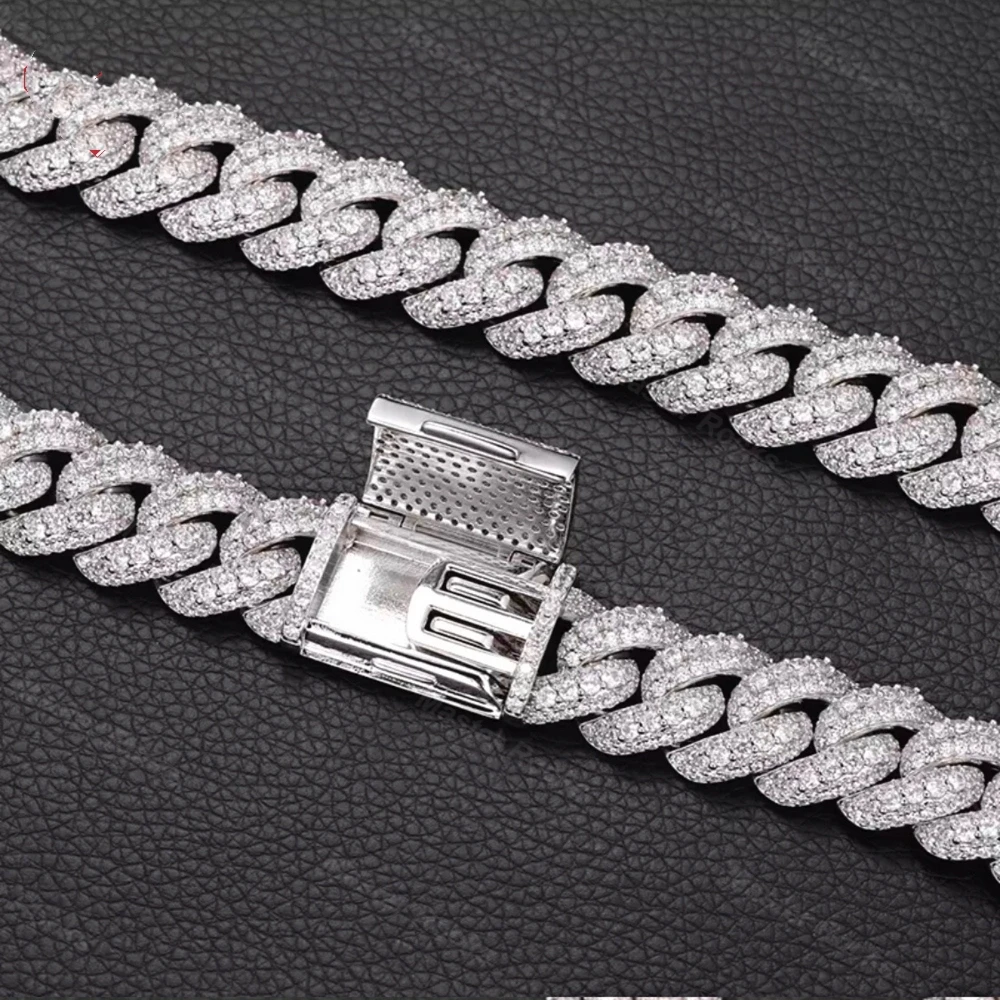 VVS Hiphop Moissanite Chain 925 Sterling Silver Iced Out Jewelry Buss Down Gold Plated with 18mm Moissanite Cuban Chain.