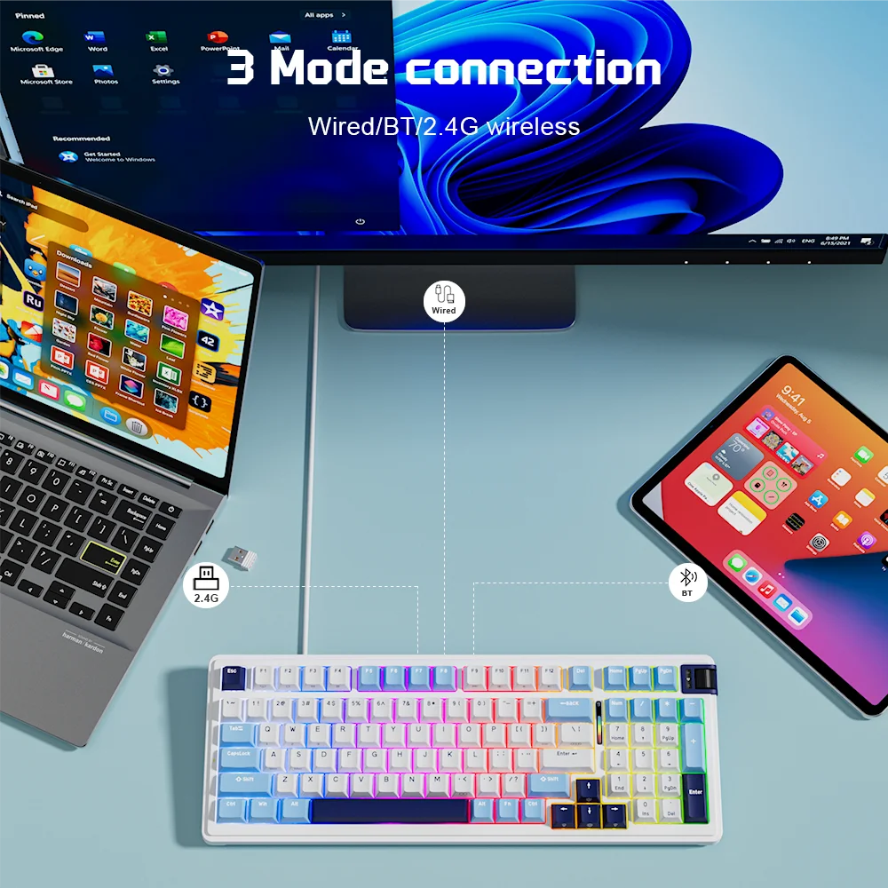 KZZI K98 Wireless Mechanical Keyboard 96% 98 Keys PBT Keycap RGB Hot-swappable Russian English Bluetooth Germer Keyboards Gasket