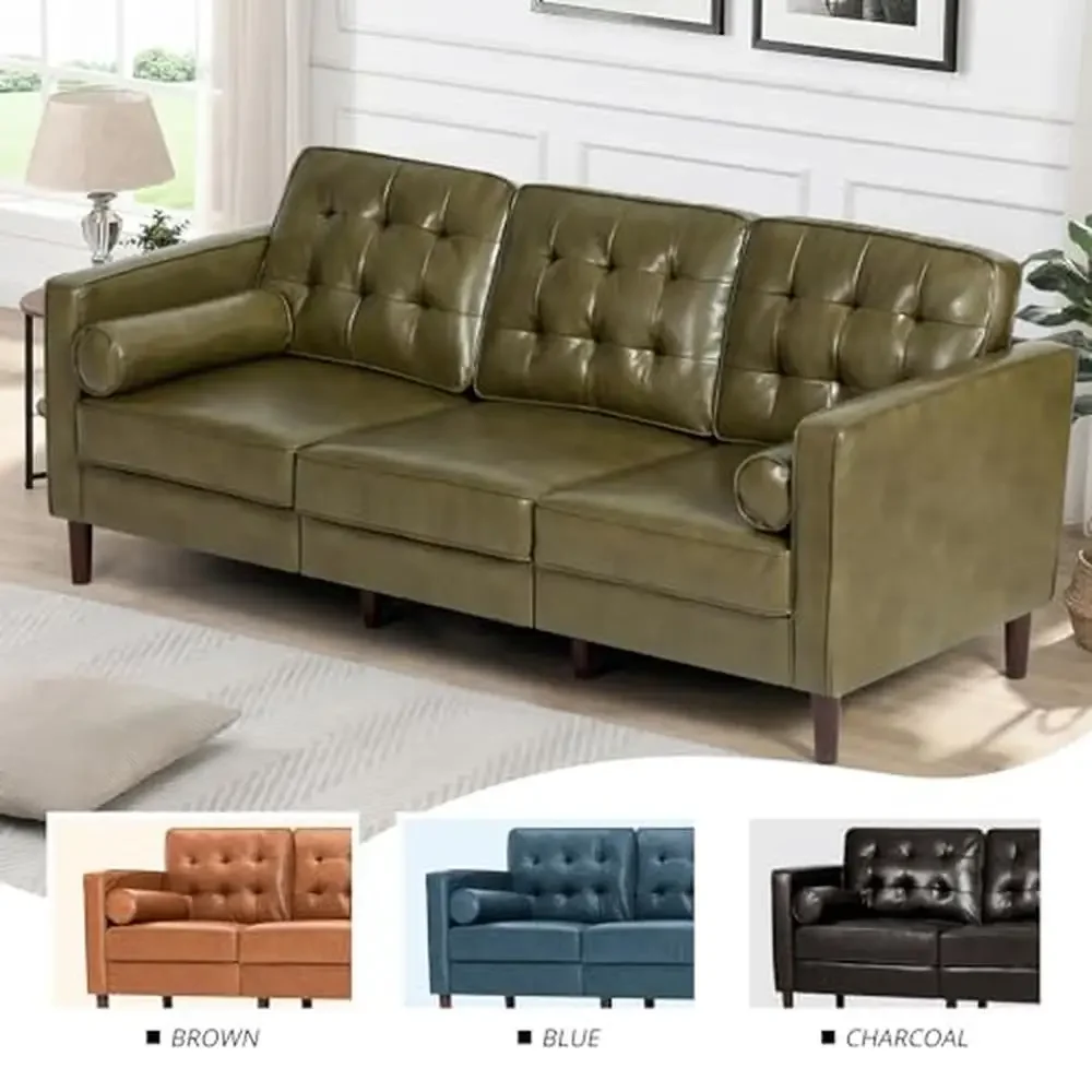 Mid-Century 3-Seat Leather Sofa with Tufted Backrest and Wooden Legs