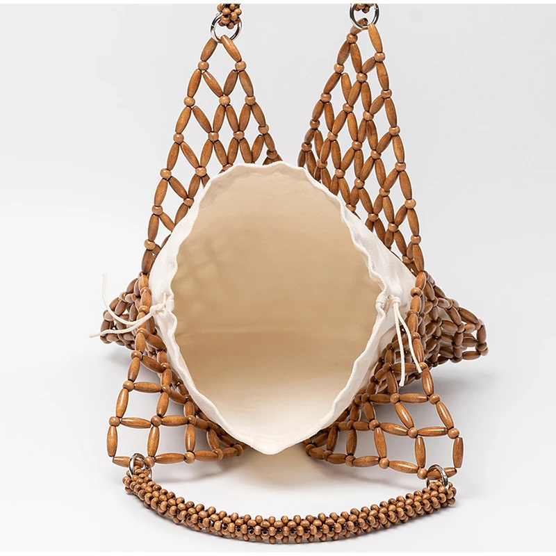 Ahornholz-Perlen-Handtasche, Damen Große Kapazität Hohle Strand-Urlaubstasche, Sommerliche Lässige Schicke Handgewebte Tragetasche – Detail 16