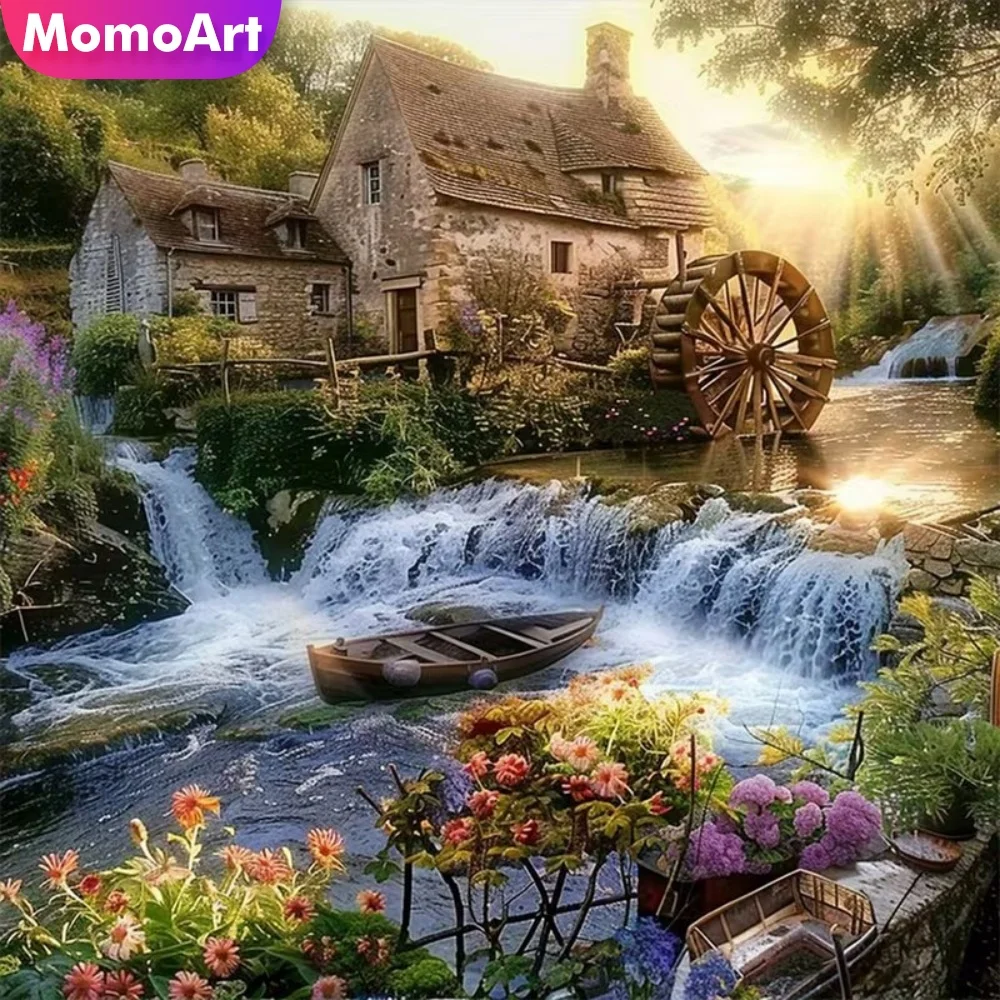 Momoart Diamant-Stickerei Haus-Landschaftsgemälde Flussbild Strass-Handarbeit Diamant-Mosaik DIY-Dekoration für Zuhause